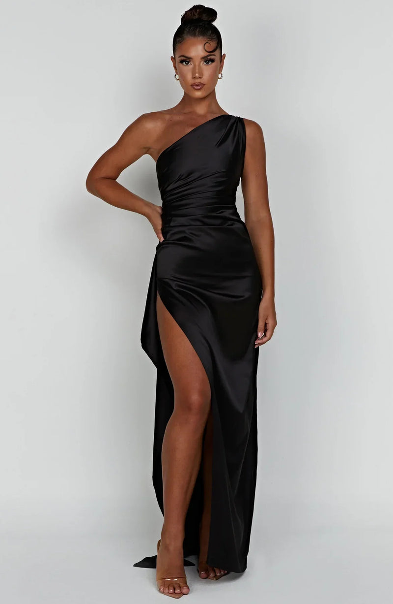 Satin One-Shoulder Split Dress - Vivienne