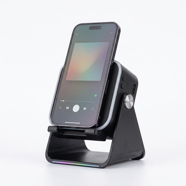 Zwarte standaard met telefoon die muziek afspeelt, schuin van voren gefotografeerd op een witte achtergrond 7