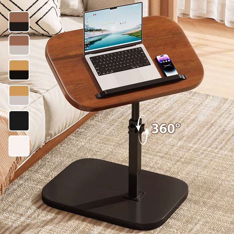 Laptopbureau met walnootbruin blad en zwarte voet naast een bank, met laptop en telefoon erop, kleurstalen en een pijl voor 360° draaien. 1
