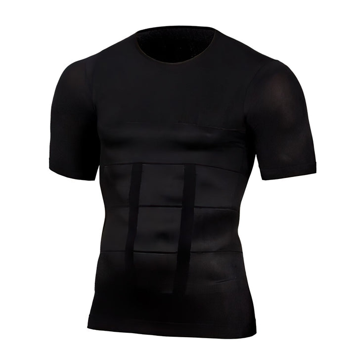 Zwart shirt met korte mouwen en ronde hals, vooraanzicht op witte achtergrond, met verstevigde panelen en banden op de buik. 1