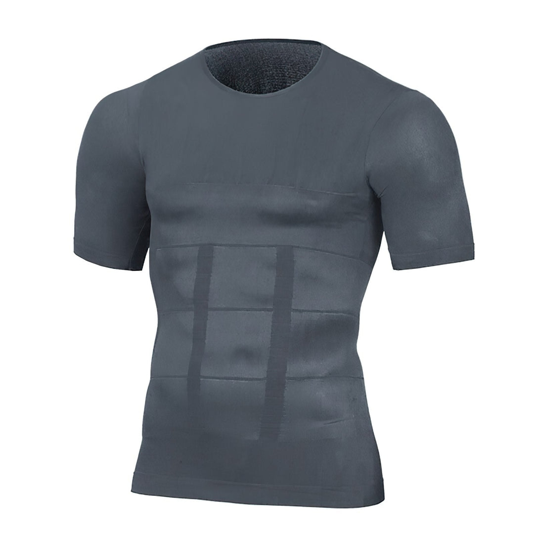 Grijs shirt met korte mouwen en ronde hals in vooraanzicht, met compressiepanelen en verticale banden op de buik. 4