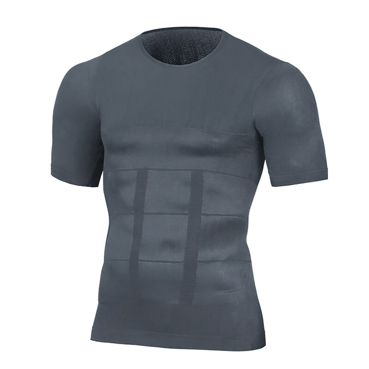Grijs shirt met korte mouwen en ronde hals in vooraanzicht, met compressiepanelen en verticale banden op de buik. 4
