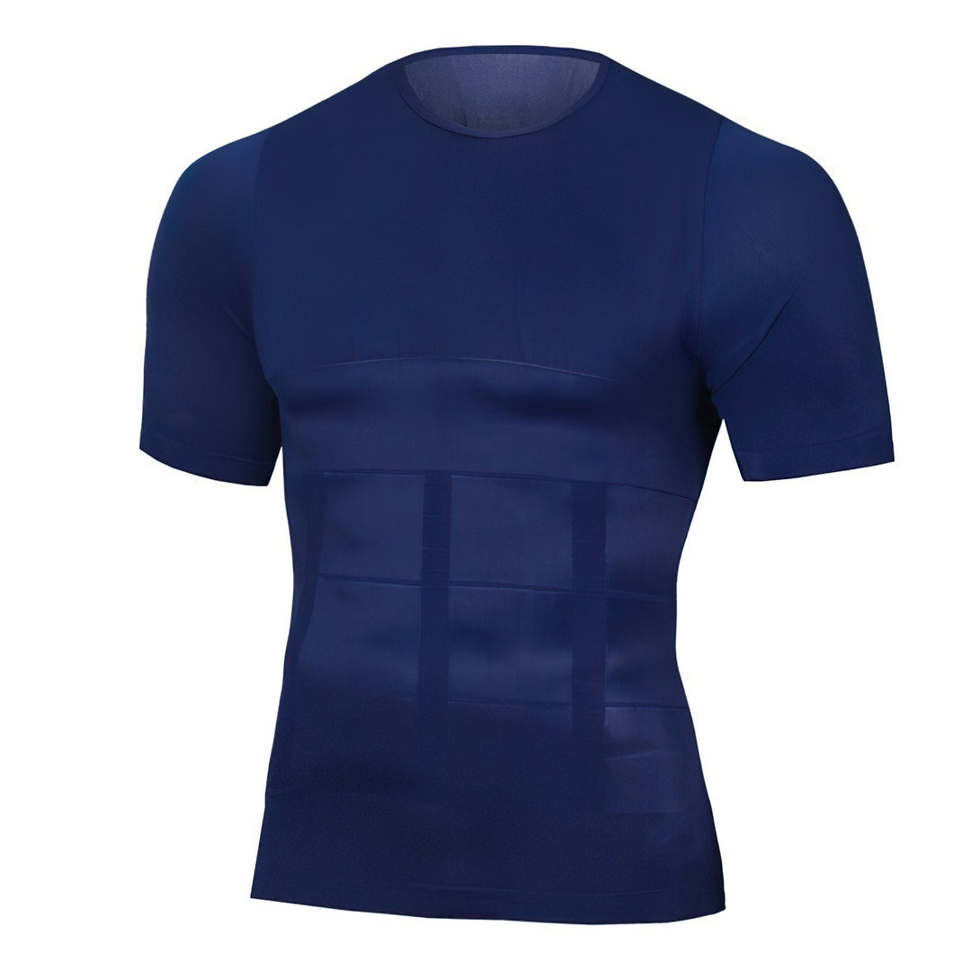 Donkerblauw shirt met korte mouwen in vooraanzicht, met zichtbare compressiepanelen en banden over de buikstreek. 3