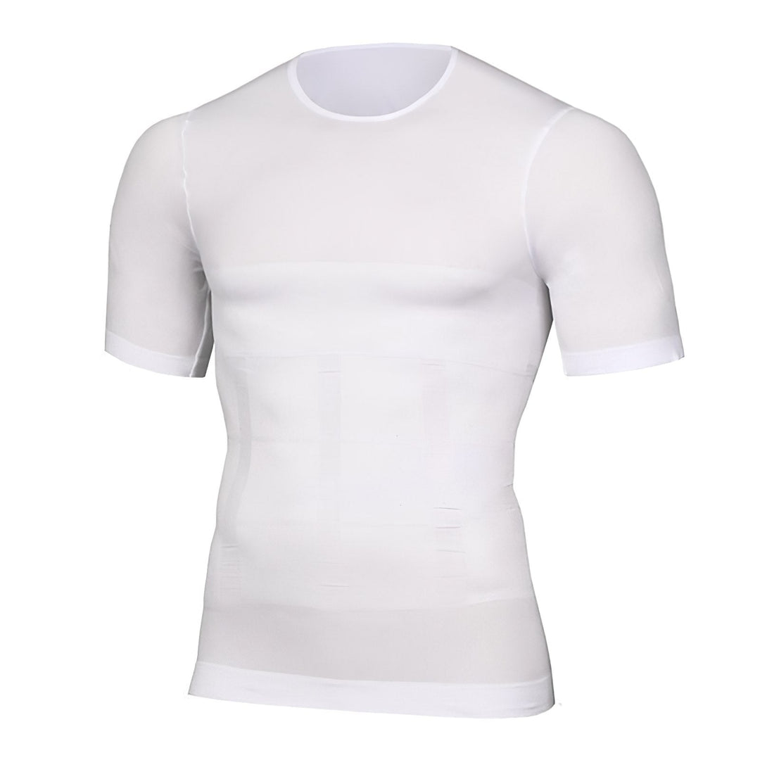 Wit shirt met korte mouwen en ronde hals in vooraanzicht, met subtiele compressiepanelen over de buik en borst. 2