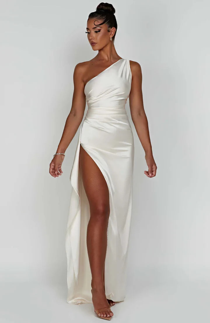 Satin One-Shoulder Split Dress - Vivienne