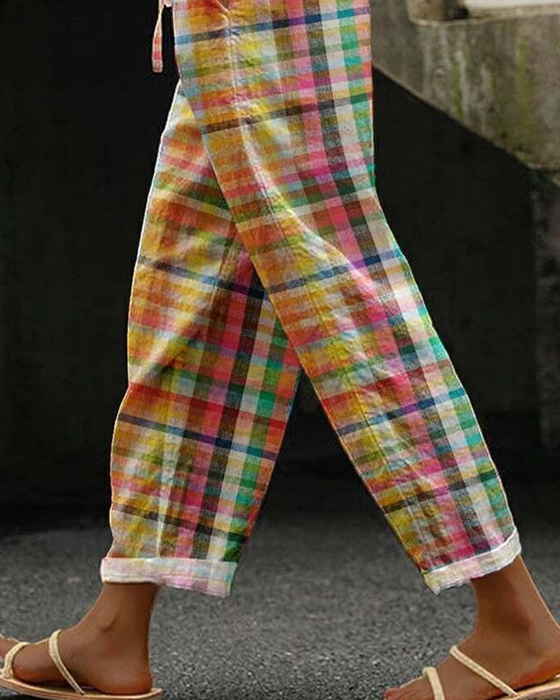 Damesbroek in vintage ruitpatroon met een gemiddelde taille – Aveline