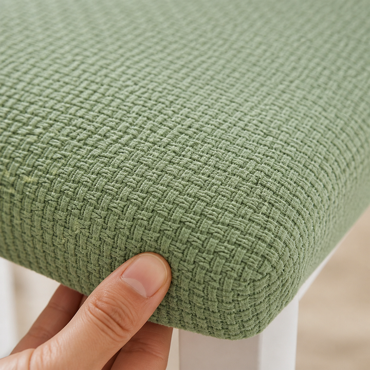 Close-up van de grove, gevlochten jacquardstructuur van een groene stoelhoes, met een vingertop die de hoek van de zitting aanraakt. 4