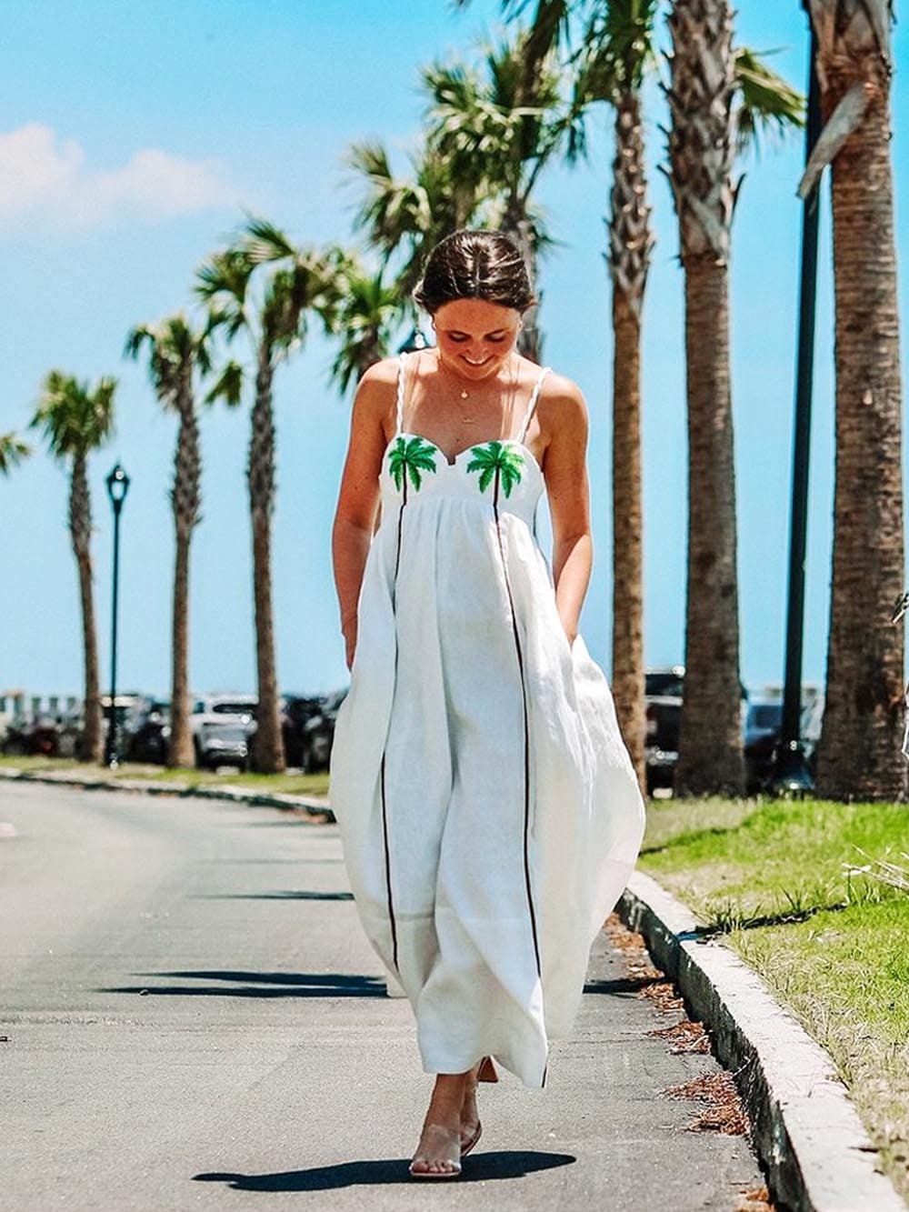 Trendy shoulder dress with tropical palm print – Estelle