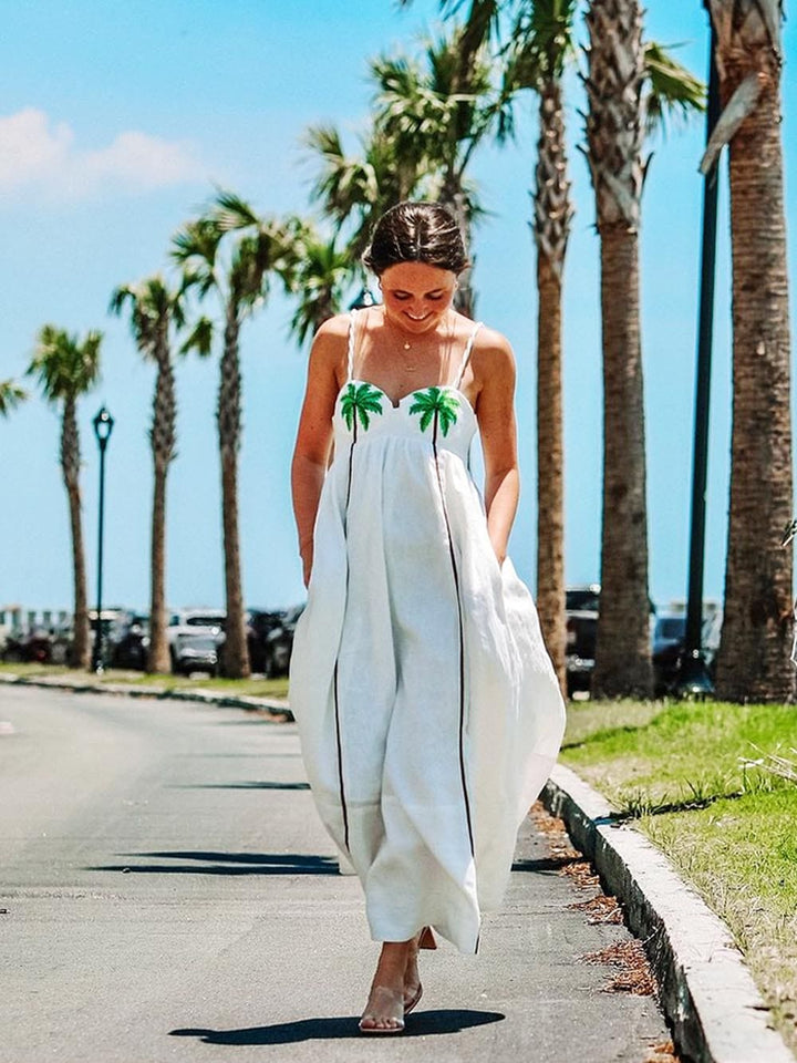 Trendy shoulder dress with tropical palm print – Estelle