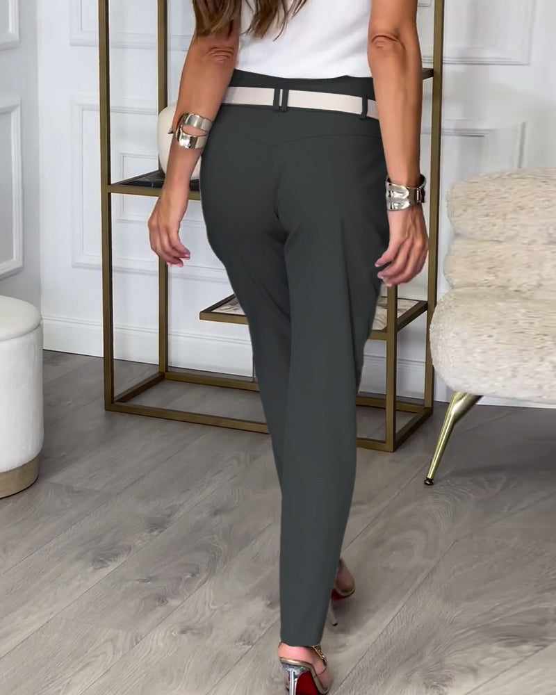Trendy Women's Patchwork Pants with Belt - Liv