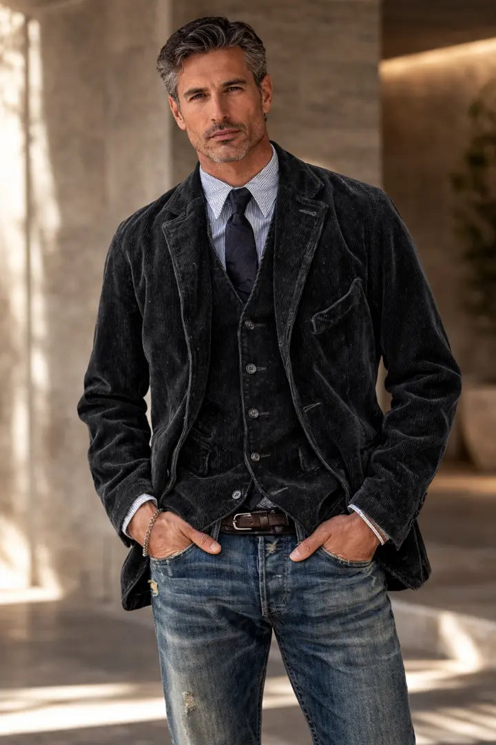 Model in zwarte ribfluwelen jack en gilet, met stropdas en jeans, staand in een lichte hal 2