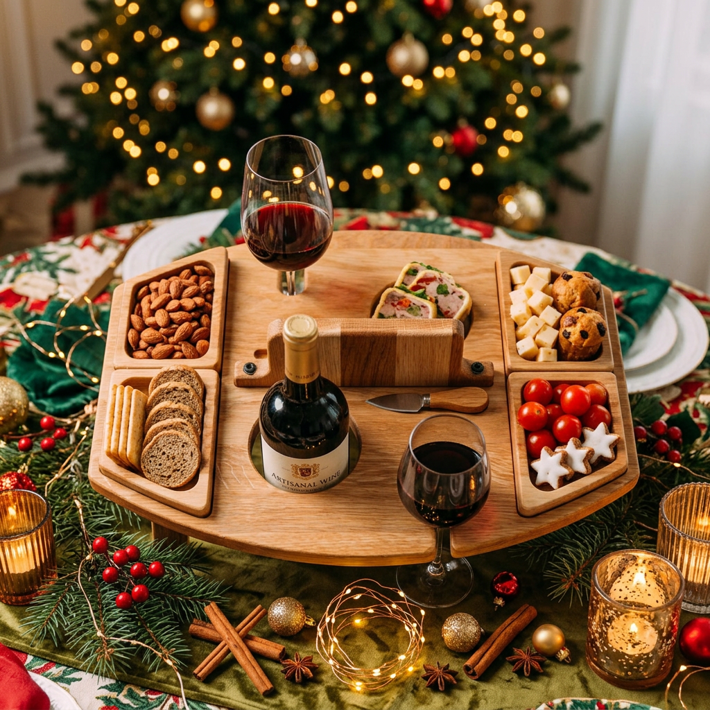 Ronde, opengeklapte houten plank van boven, gevuld met noten, brood, kaas en tomaatjes op kersttafel 3