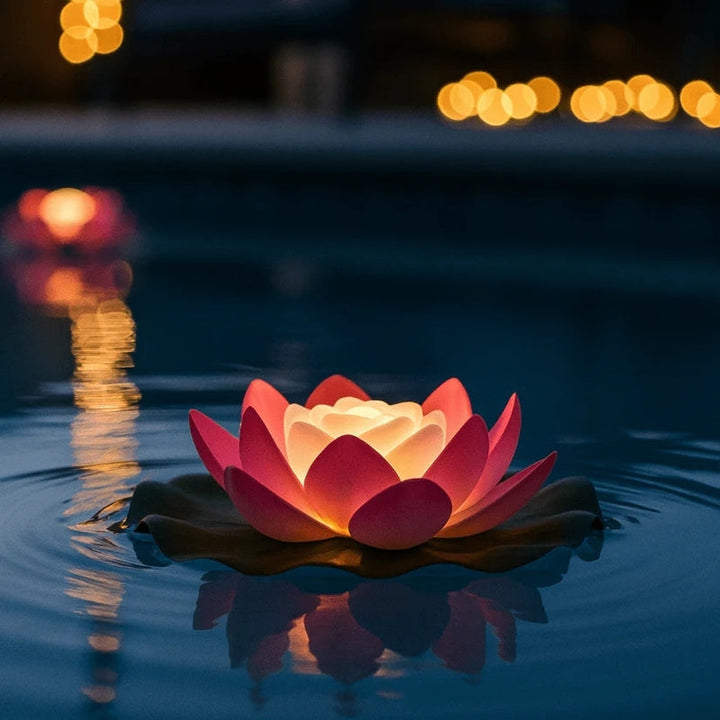 Rode lotuslamp met warm licht drijft in donker water, met lichtjes op de achtergrond 9