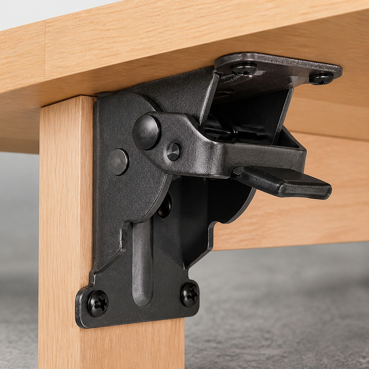 Zwarte klapbeugel uitgeklapt en vergrendeld onder een lichthouten tafel, vastgeschroefd aan de poot en het blad, met zichtbare hendel. 4