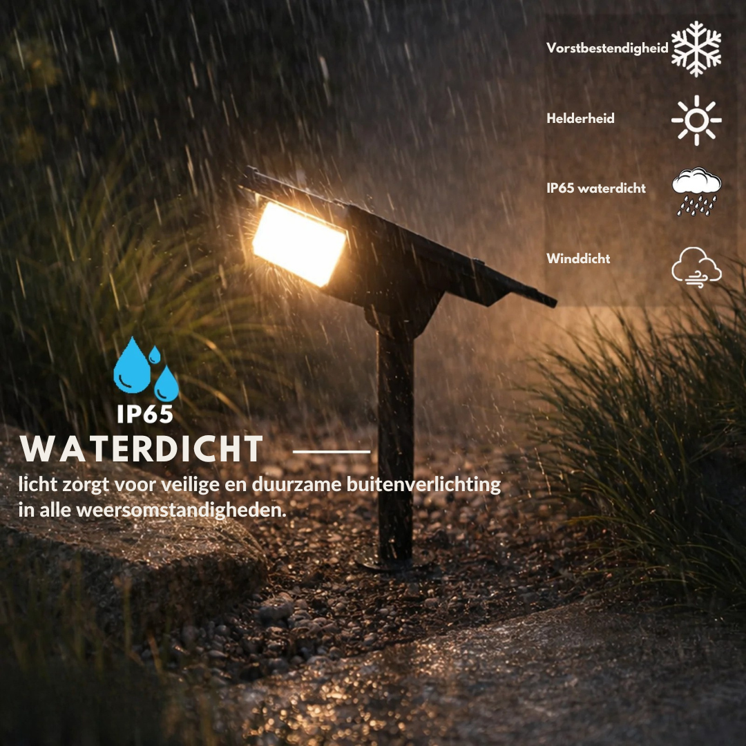 De tuinspot op een grondpen brandt in de stromende regen, met iconen voor vorstbestendigheid, helderheid, waterdichtheid en winddichtheid. 2