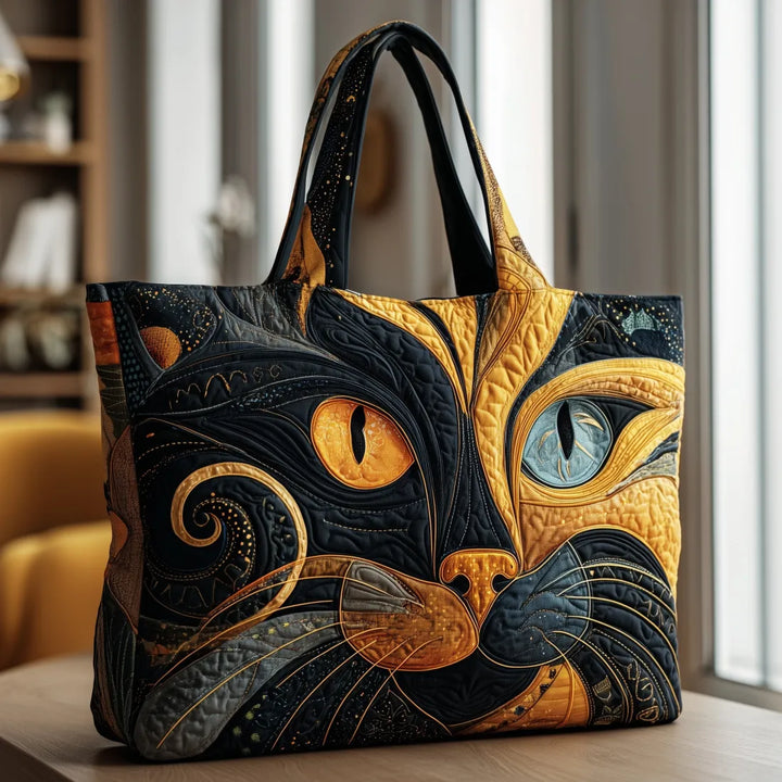 Gewatteerde shopper met zwarte en gele kattenkop met oranje en blauw oog, op een houten tafel bij een raam 1