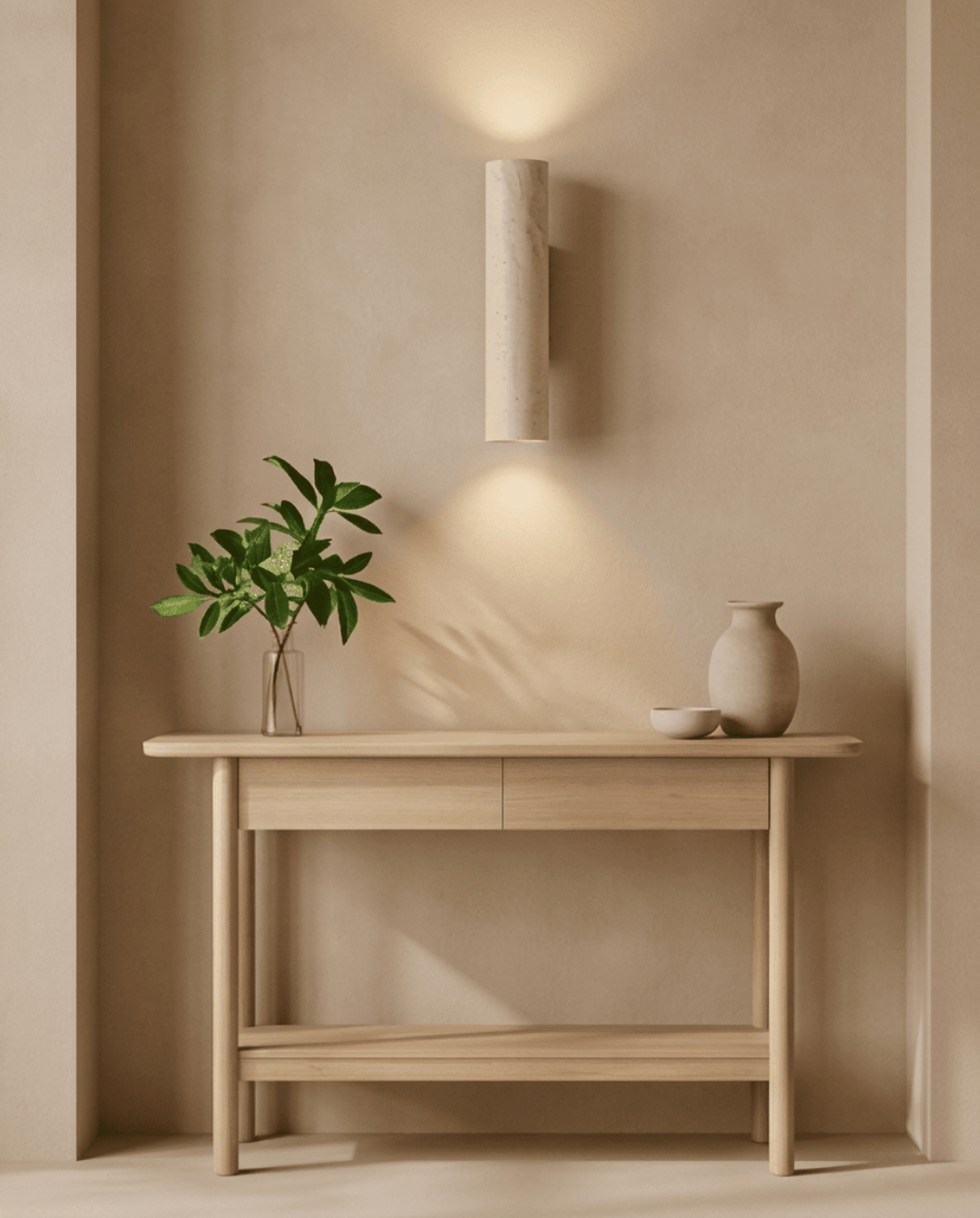 Aangestoken wandlamp boven een lichthouten consoletafel met plant in glazen vaas en keramische vaasjes 3