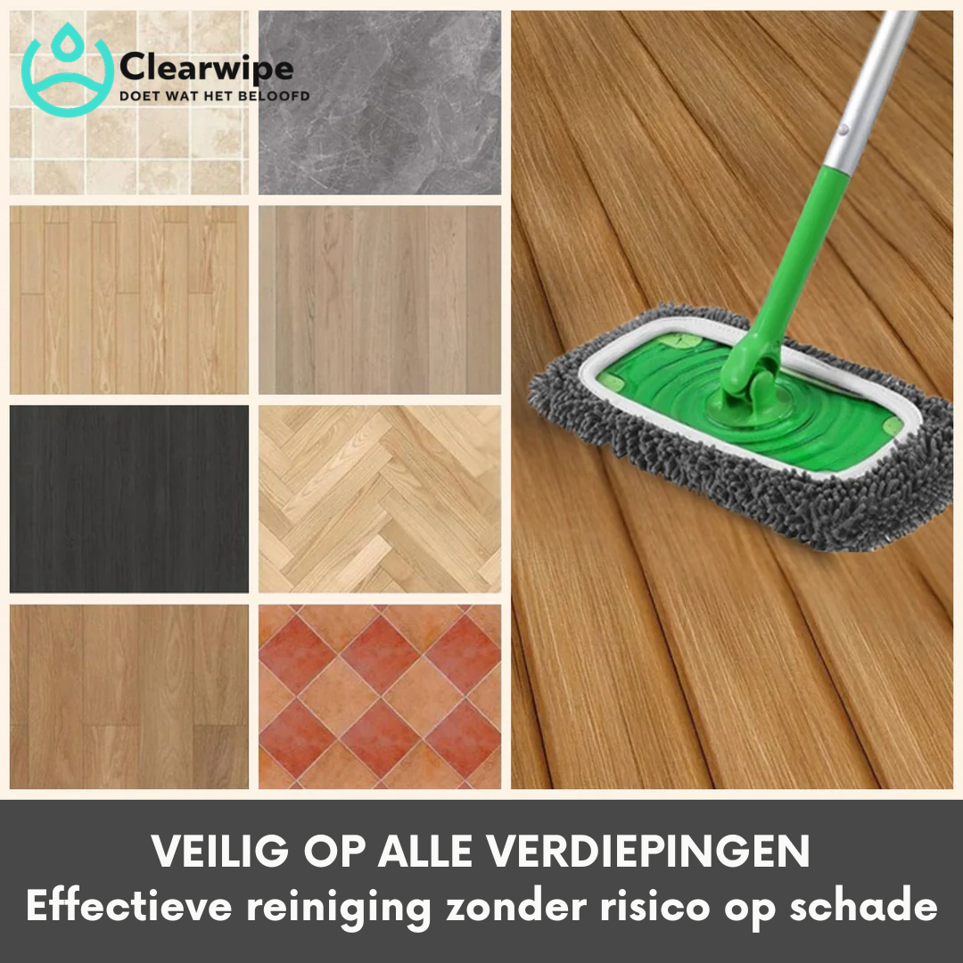 Dweilpad op een groene steel over een houten vloer, naast acht voorbeelden van tegel-, hout- en visgraatvloeren. 3