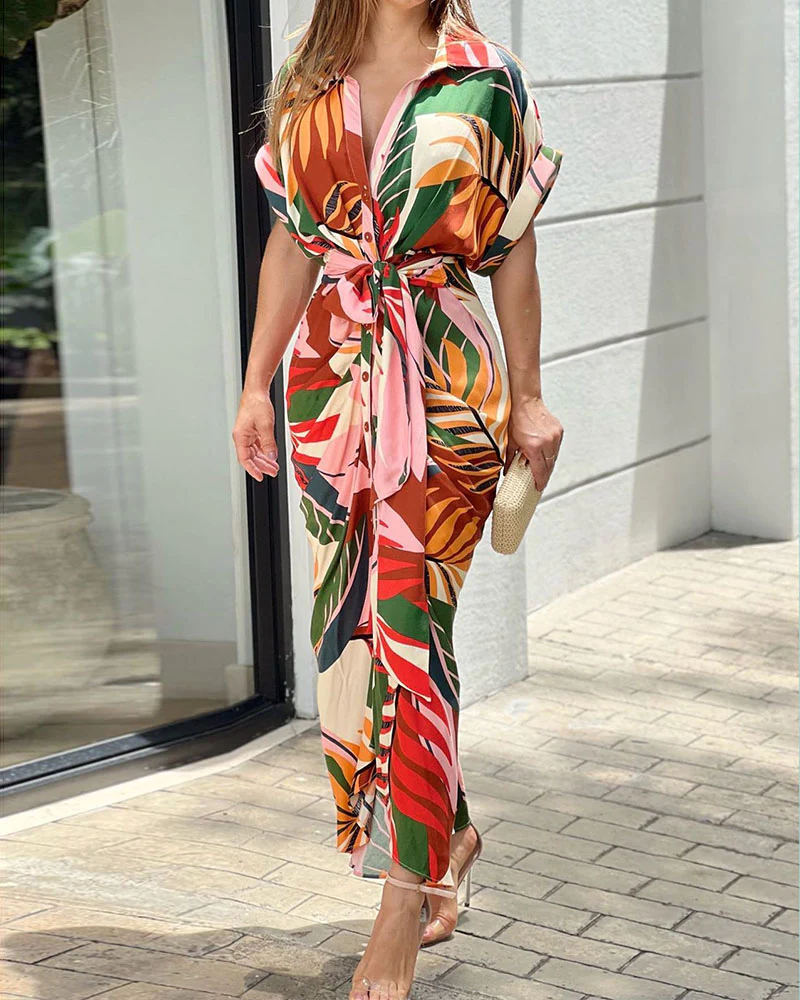 Summer Maxi Dress with Collar and Pleated Waistband – Mirella