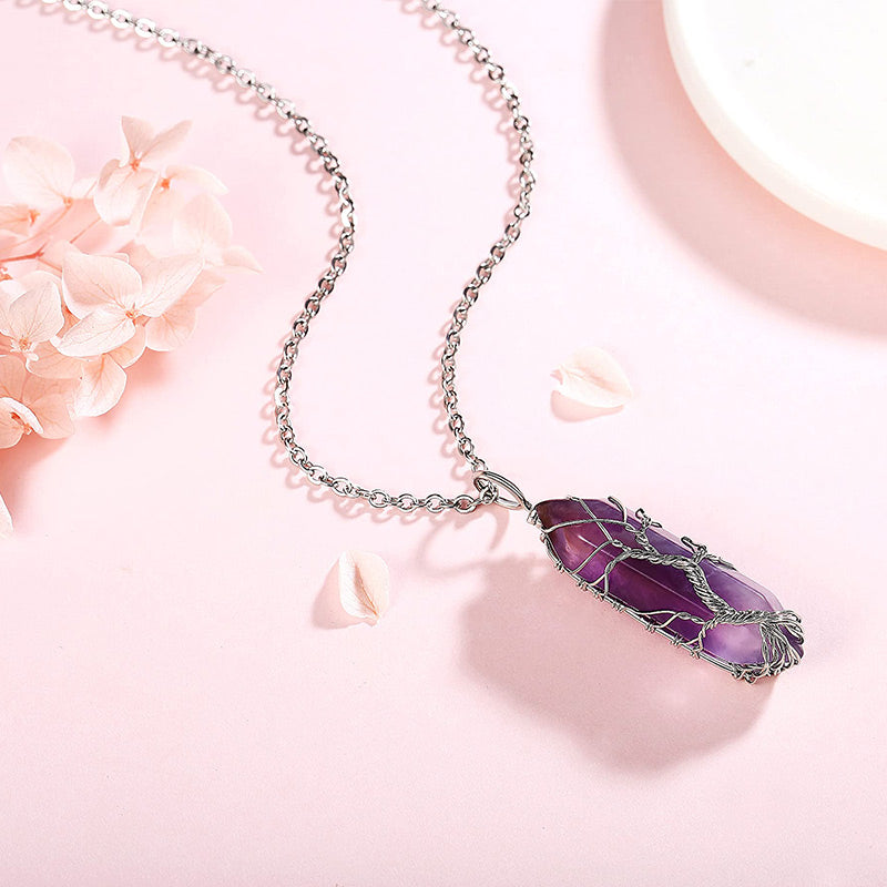 Stylish Crystal with Tree of Life Gemstone Necklace - Elara