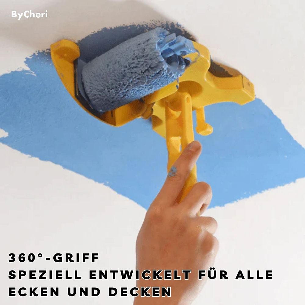 Van onderaf gezien schildert de rander met draaibare greep een blauwe vlek op een wit plafond. 6