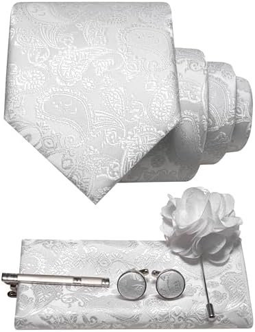 Stropdasset met paisleymotief in wit en zilverkleur: stropdas, pochet, manchetknopen, dasspeld en bloemvormige reversspeld. 19
