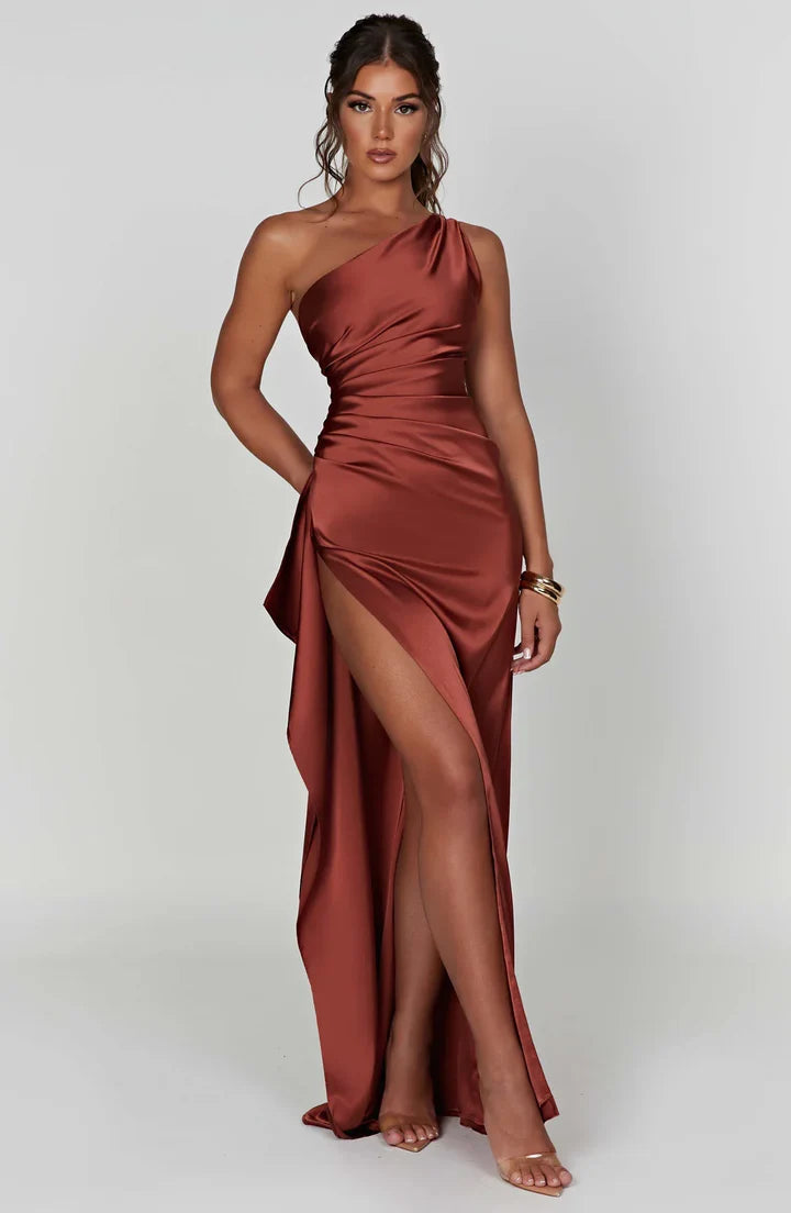 Satin One-Shoulder Split Dress - Vivienne