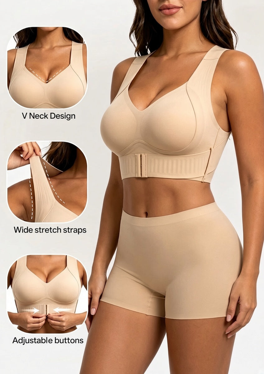Beige bh op model met drie inzetbeelden van de V-hals, de brede rekbare schouderbanden en de verstelbare voorsluiting. 6
