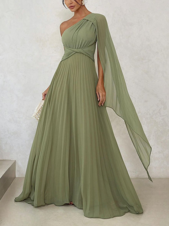 Trendy one-schouder maxi jurk met plisséplooien – Mirella