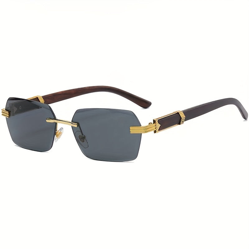 Rimless Sunglasses with Rectangular Lenses and Faux Wood Temples – Verro