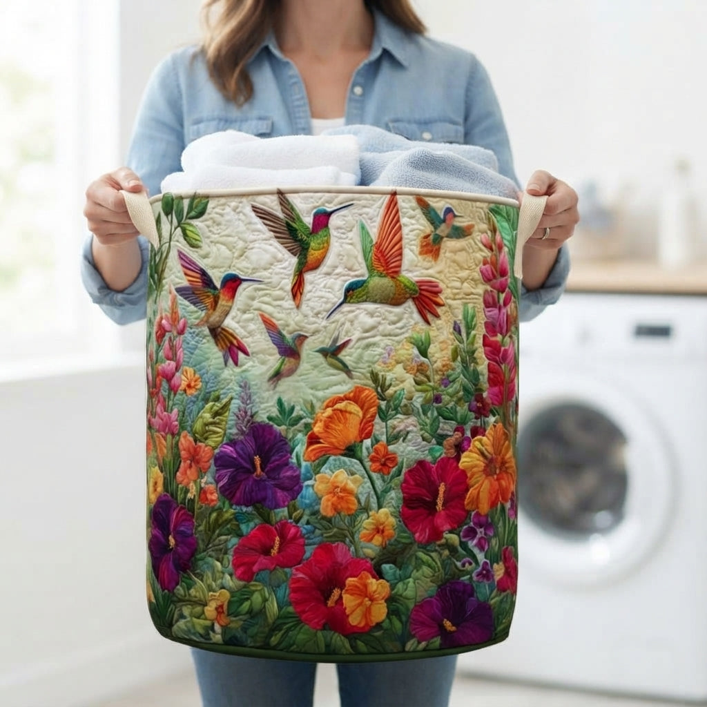 Vrouw in spijkerblouse houdt de mand met canvas handgrepen vast, gevuld met handdoeken, in een wasruimte met wasmachine. 3