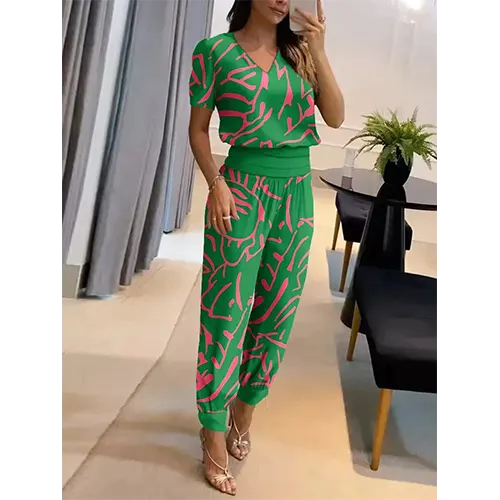 Modny damski kombinezon z krótkimi rękawami i szerokimi nogawkami - Alina