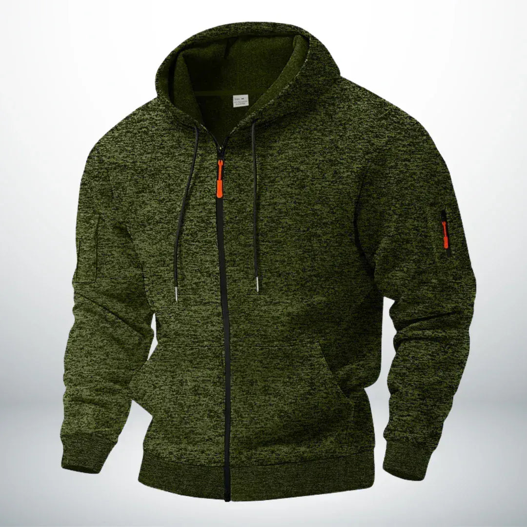 Gemêleerde olijfgroene hoodie met doorlopende rits, ribboorden en een oranje ritstrekker op de mouwzak, vooraanzicht. 4