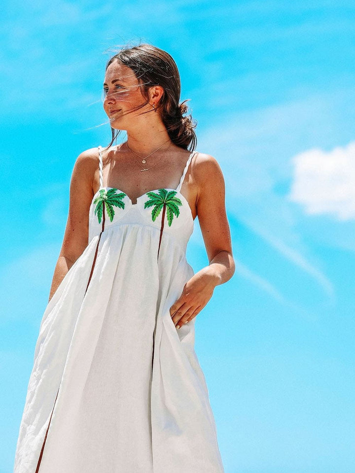 Trendy shoulder dress with tropical palm print – Estelle