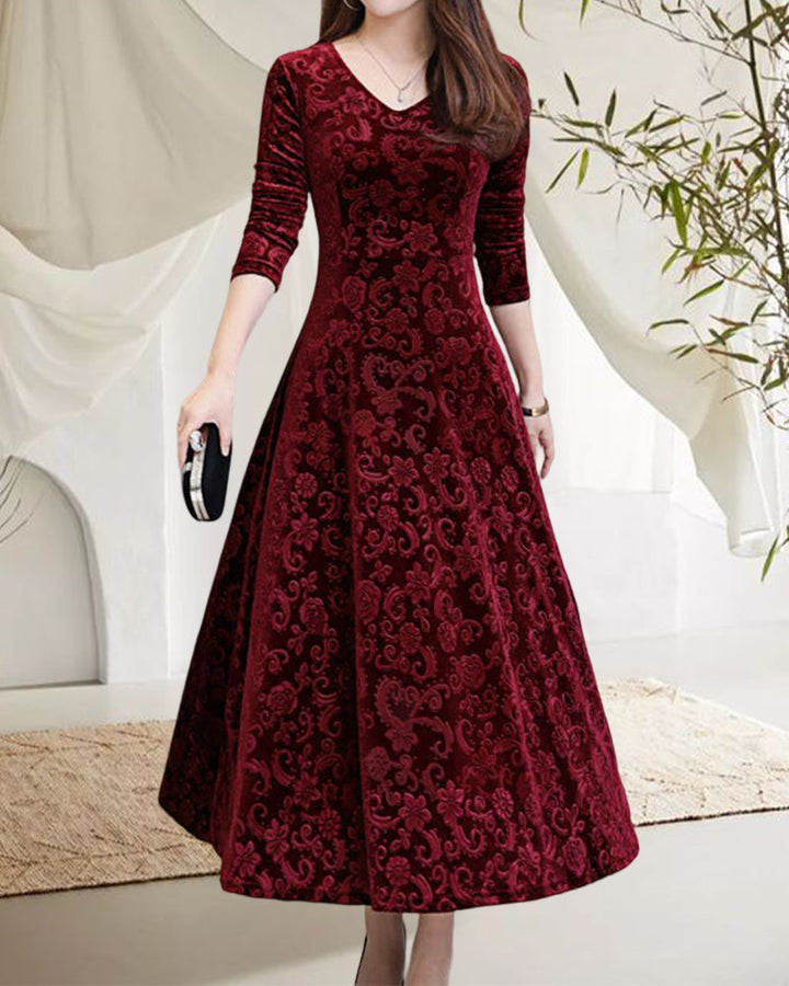 Velvet Midi Dress with Long Sleeves - Selina