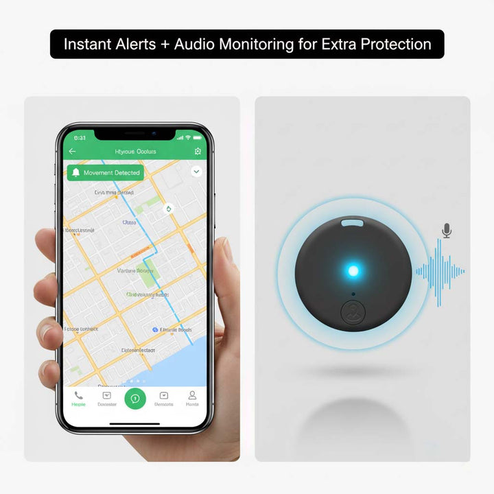Smartphone toont een kaart met bewegingsmelding, naast de zwarte tracker met blauw licht en geluidsgolven voor audiomonitoring. 5