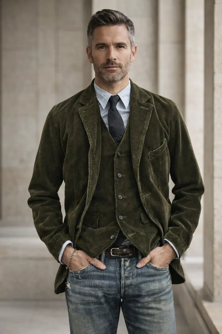 Model in olijfgroene ribfluwelen jack met gilet, stropdas en jeans, tussen stenen zuilen 4