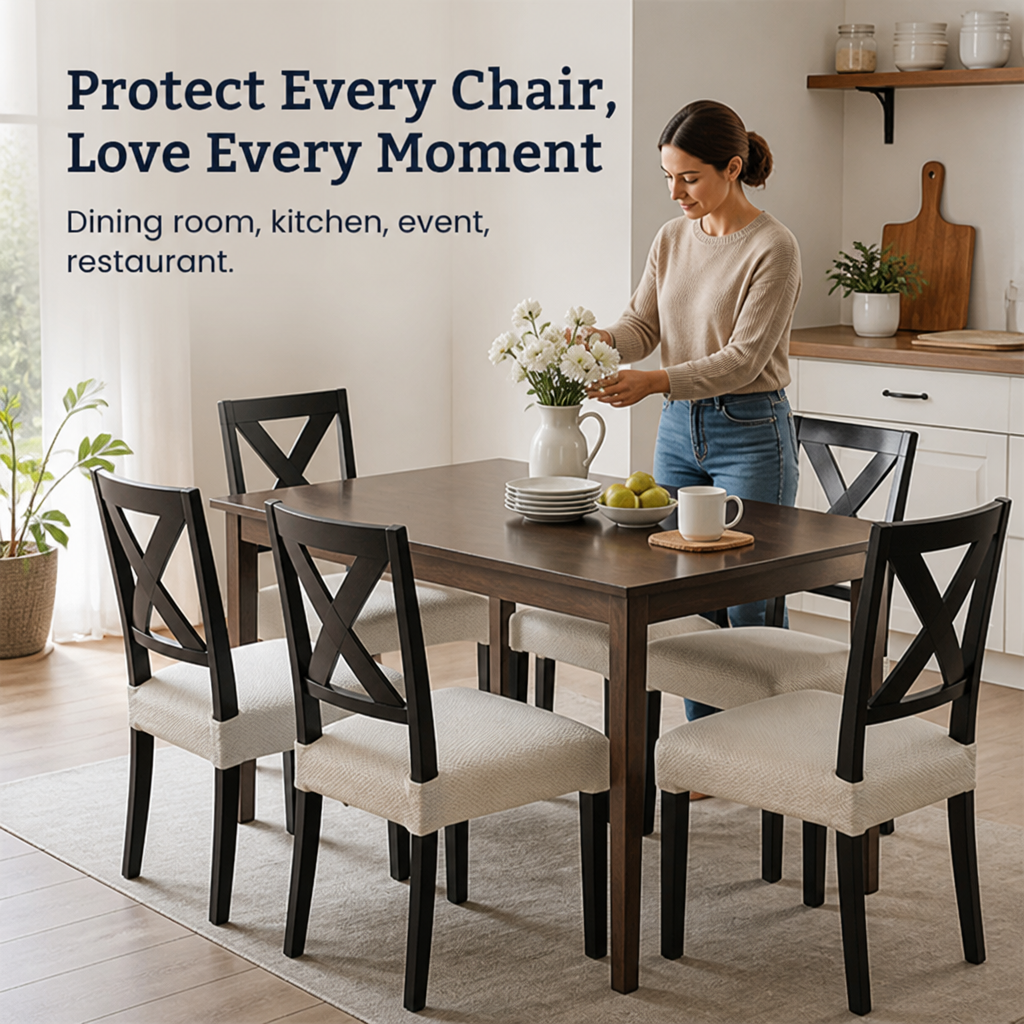 Vrouw schikt bloemen op een eettafel omringd door stoelen met kruisrug en crèmekleurige zitovertrekken in een lichte keuken. 5