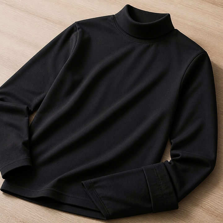 Zwart shirt met lange mouwen en hoge kraag schuin neergelegd op een houten vloer, met een omgeslagen manchet zichtbaar. 4