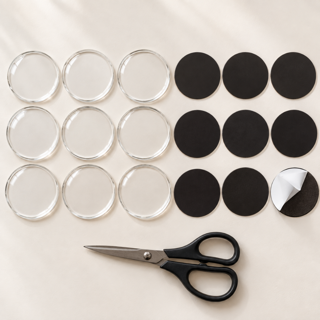 Negen lege ronde acrylschijfjes en negen zwarte ronde magneten, met een schaar op een lichte achtergrond 10