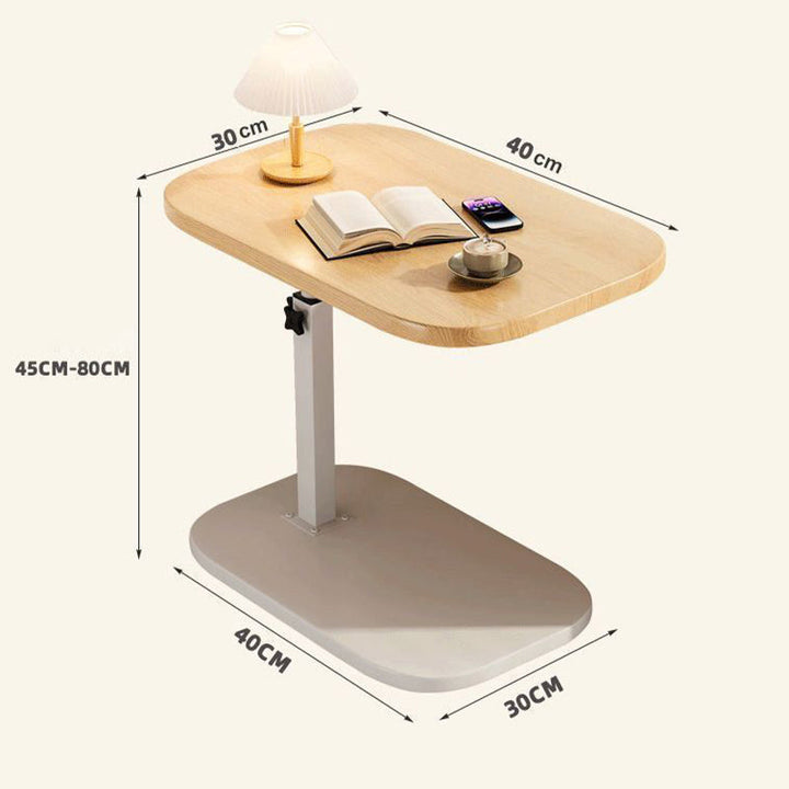 Maatschema van het bureau met licht houtkleurig blad, met hoogte van 45 tot 80 cm en blad en voet van 40 bij 30 cm. 12