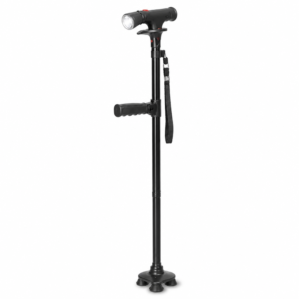 Zwarte wandelstok met ledlamp, zijgreep en polsband, iets van links gezien, met de vierpuntsvoet onderaan op witte achtergrond. 5