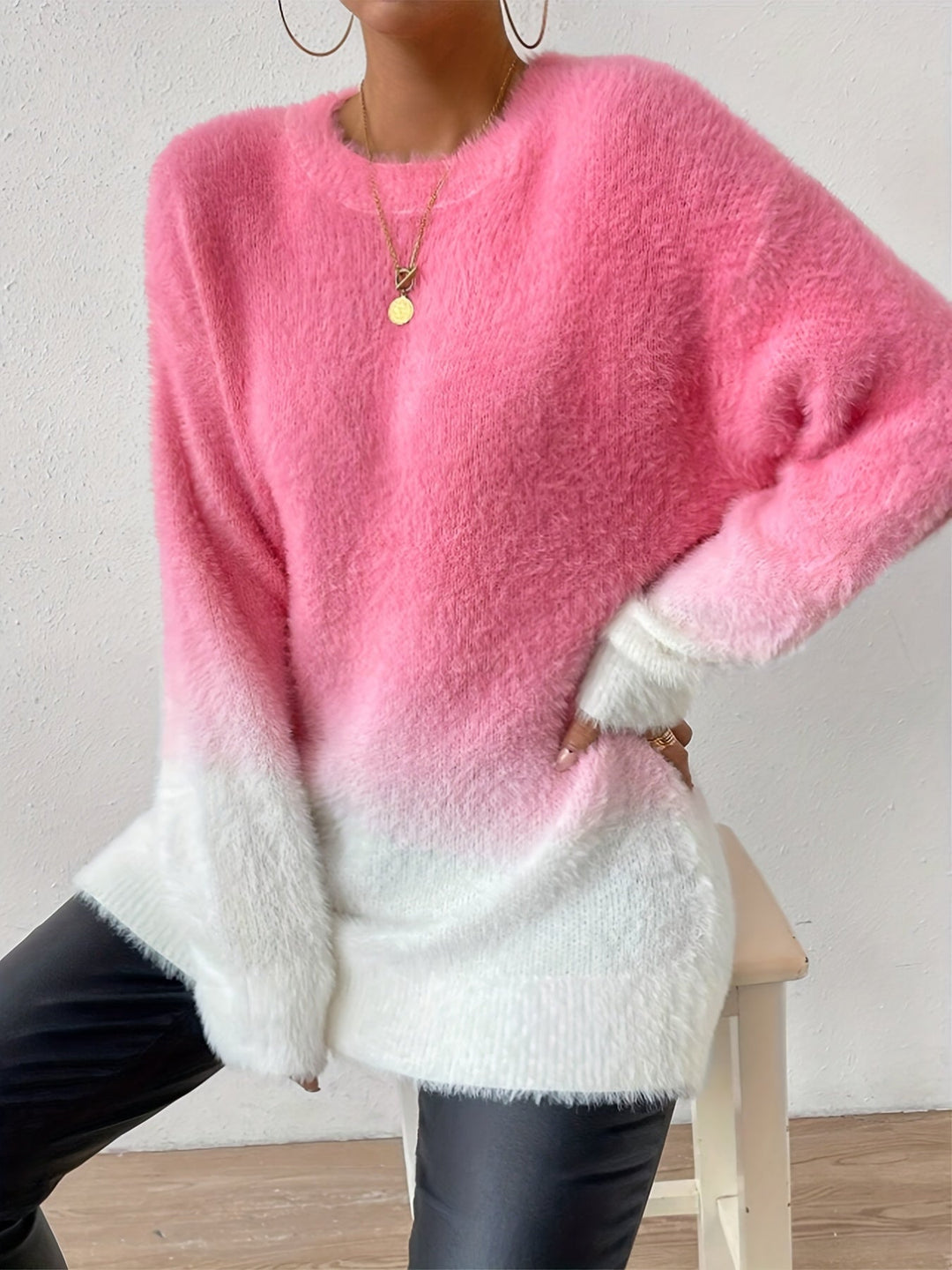 Gradient Color Crew Neck Fuzzy Sweater - Amara