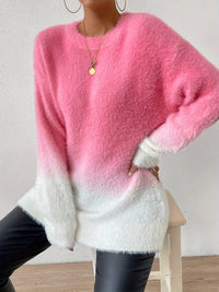 Gradient Color Crew Neck Fuzzy Sweater - Amara