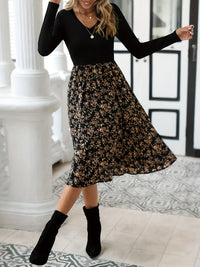 Floral Print V-Neck Dress with Long Sleeves - Lilith