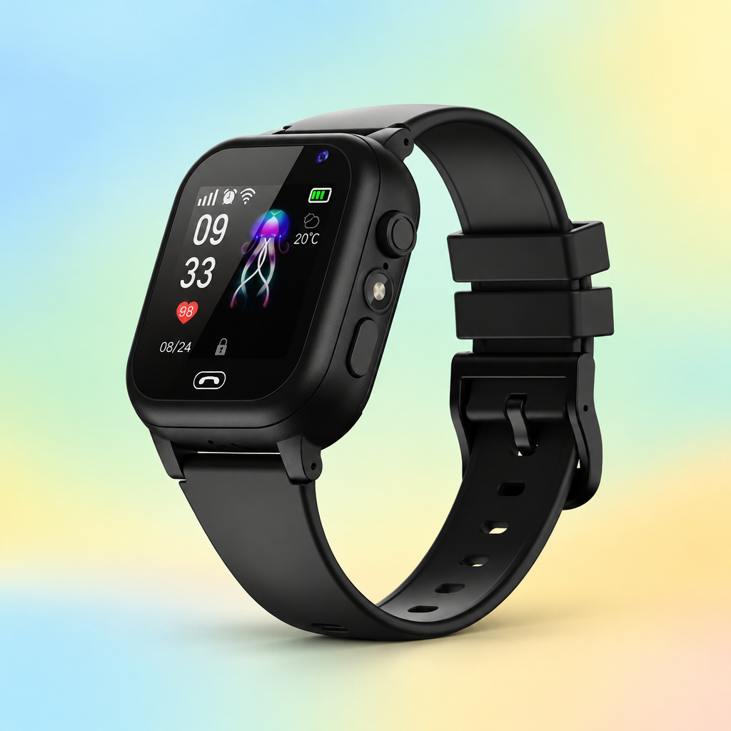 Zwarte kinderhorloge met siliconen bandje en kleurrijk kwalschermpje, schuin gefotografeerd tegen een pastelkleurige 1