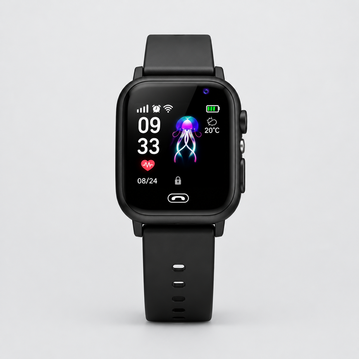 Zwarte smartwatch recht van voren met zwarte siliconen band en gaatjes, op lichte achtergrond 7