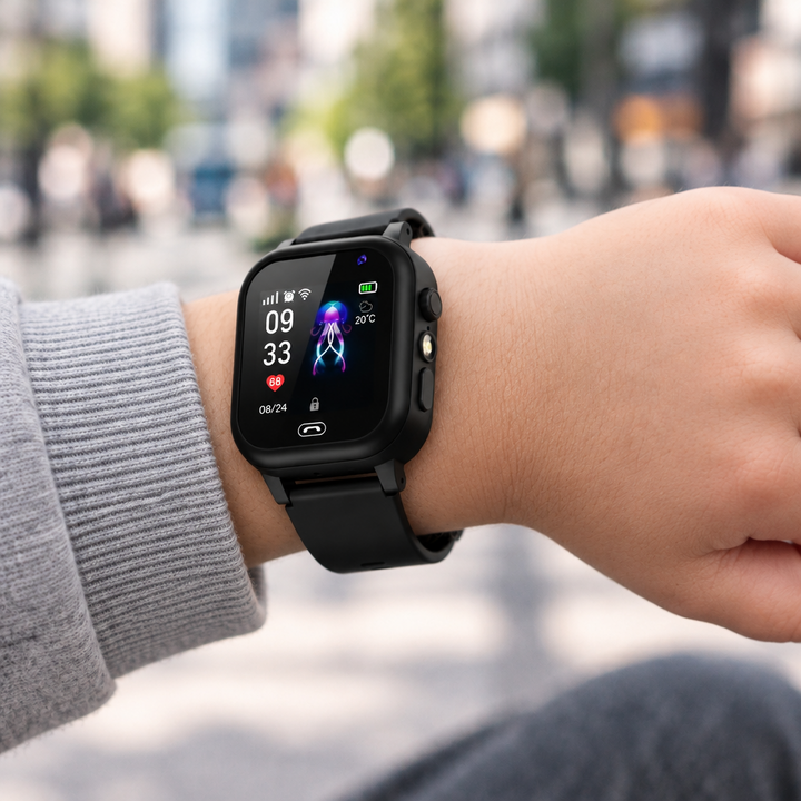 Zwarte smartwatch om de pols van een kind, met tijd en kwallenachtergrond op het scherm 1