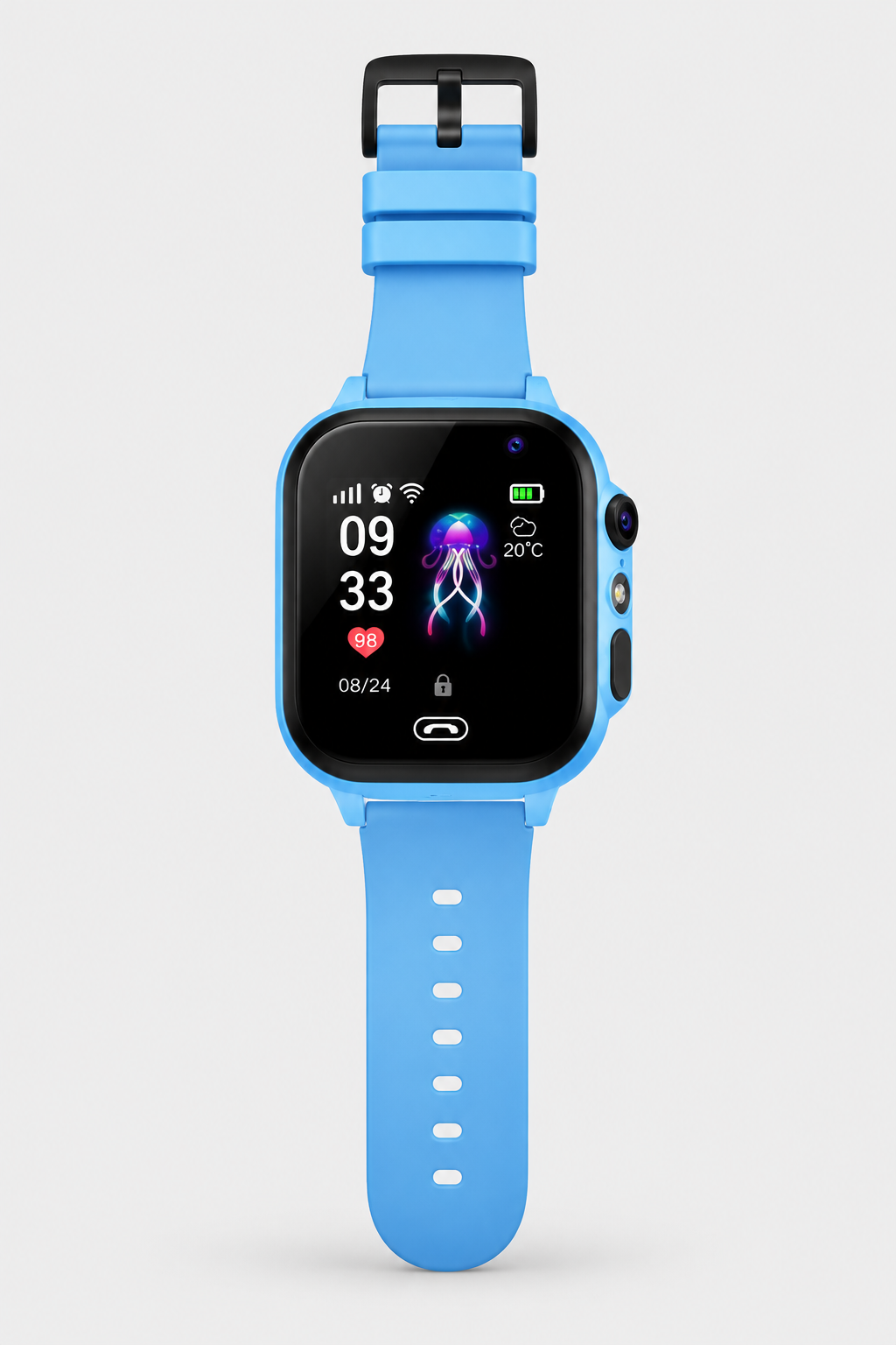 Blauwe smartwatch met zwarte gesp van voren, met zijknoppen en camera aan de zijkant 9