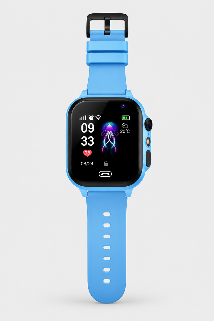Blauwe smartwatch met zwarte gesp van voren, met zijknoppen en camera aan de zijkant 9
